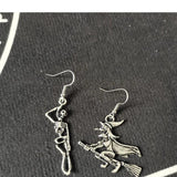Gothic Punk Halloween Earrings Skeleton Broom Witch