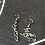 Gothic Punk Halloween Earrings Skeleton Broom Witch