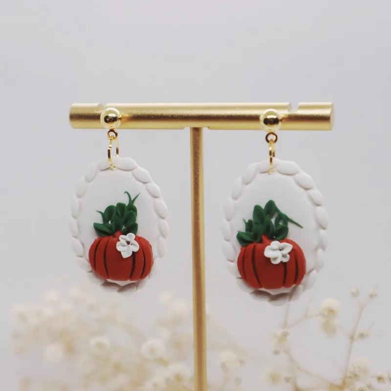 Pumpkin Drop Earrings Thanksgiving Halloween Clay Flower Hat Dangle