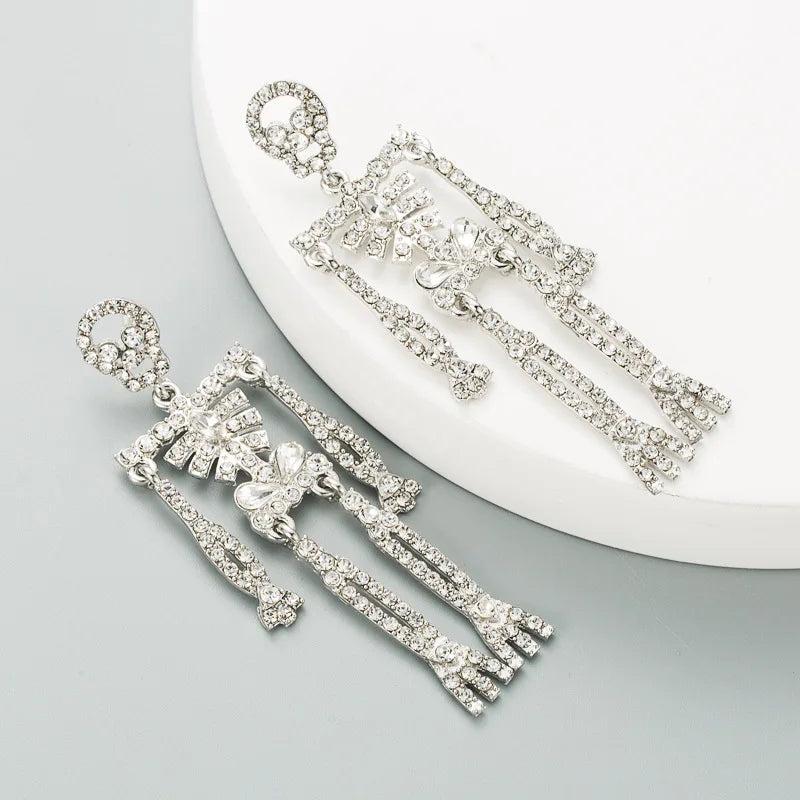 Halloween Rhinestone Dangle Skeleton Earrings Silvertone & Golden Crystal Gothic
