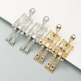 Halloween Rhinestone Dangle Skeleton Earrings Silvertone & Golden Crystal Gothic