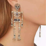 Halloween Rhinestone Dangle Skeleton Earrings Silvertone & Golden Crystal Gothic