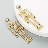 Halloween Rhinestone Dangle Skeleton Earrings Silvertone & Golden Crystal Gothic