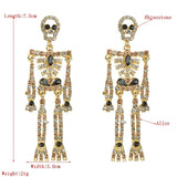 Halloween Rhinestone Dangle Skeleton Earrings Silvertone & Golden Crystal Gothic