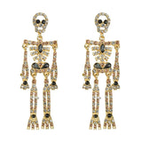 Halloween Rhinestone Dangle Skeleton Earrings Silvertone & Golden Crystal Gothic