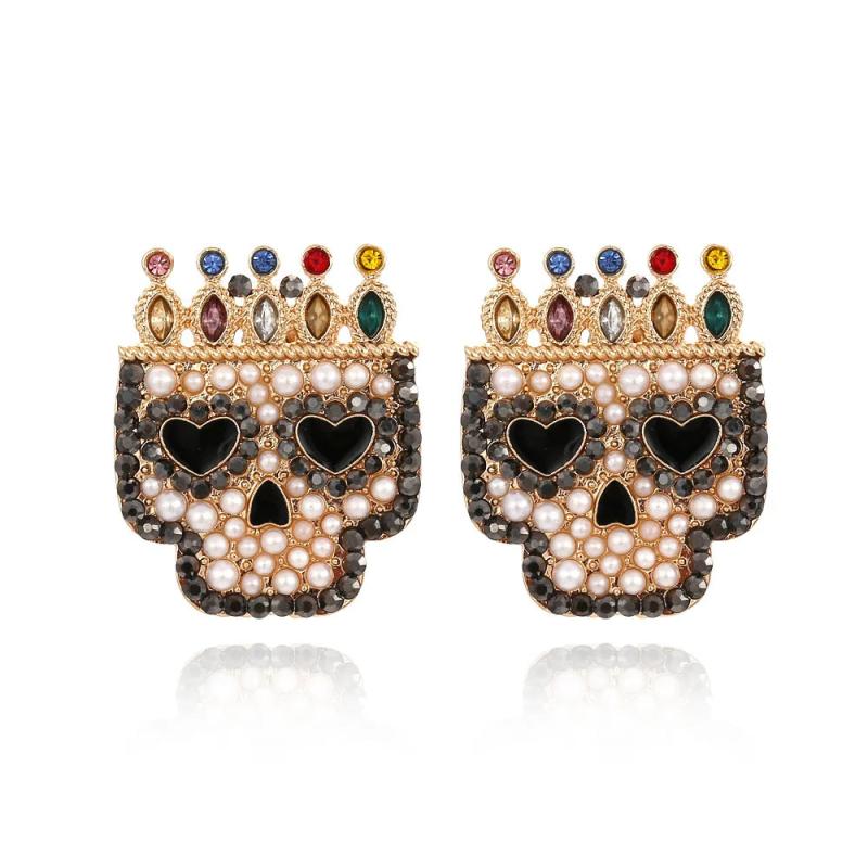 Baroque Pearl Earrings with Halloween Crown Skull Ear Studs