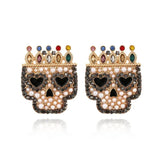 Baroque Pearl Earrings with Halloween Crown Skull Ear Studs