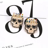 Baroque Pearl Earrings with Halloween Crown Skull Ear Studs