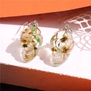 Skull Head Dried Flower Drop Earring Resin Halloween Pendant