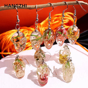 Skull Head Dried Flower Drop Earring Resin Halloween Pendant