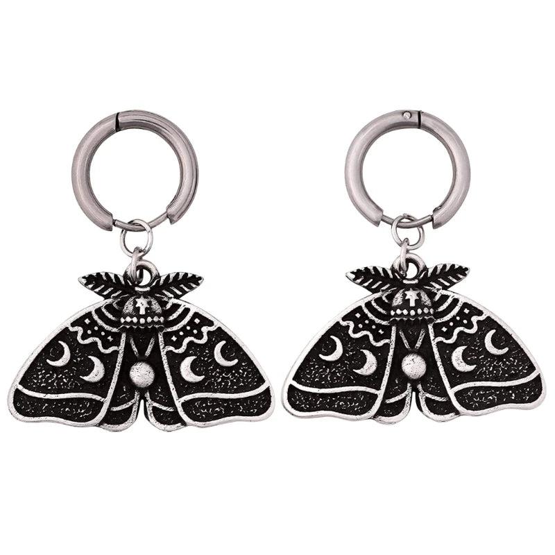 Goth Punk Moth Moon Stud Dangle Earrings