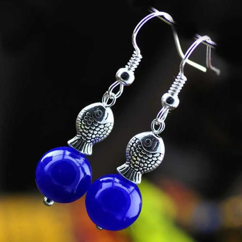 Chalcedony Jade Earrings Tibetan Silver Lucky Fish Gift