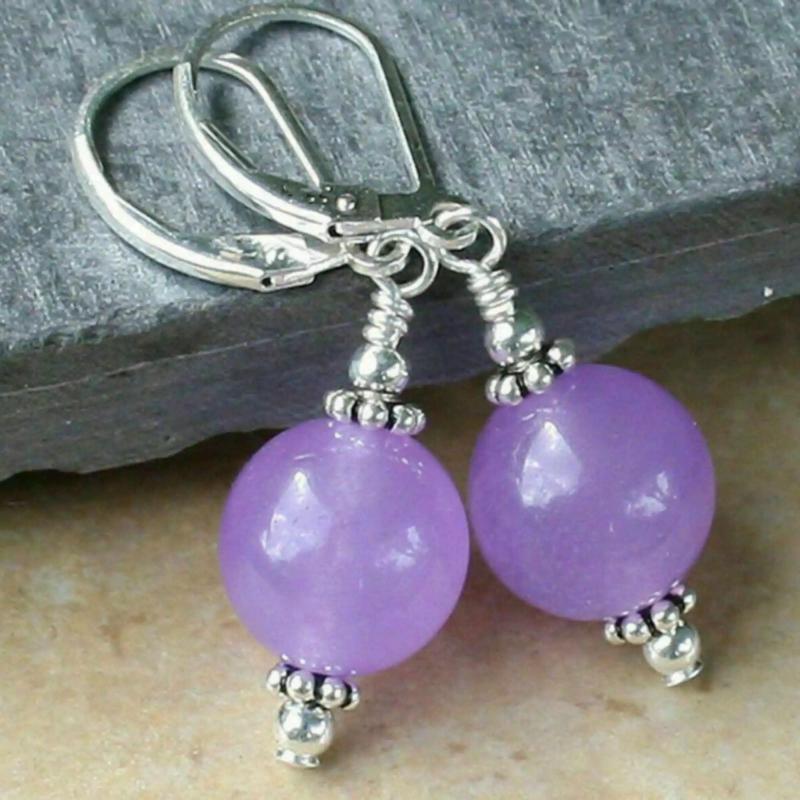 12mm Natural purple jadeite beads 925 silver earrings CARNIVAL