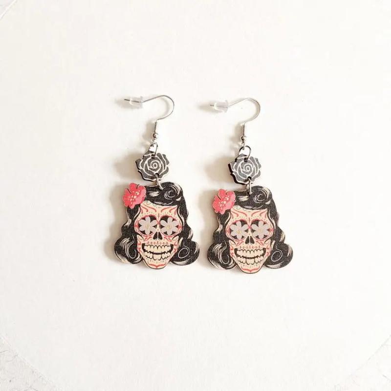 Sugar Skull Earrings for Women - Halloween Wooden Jewelry