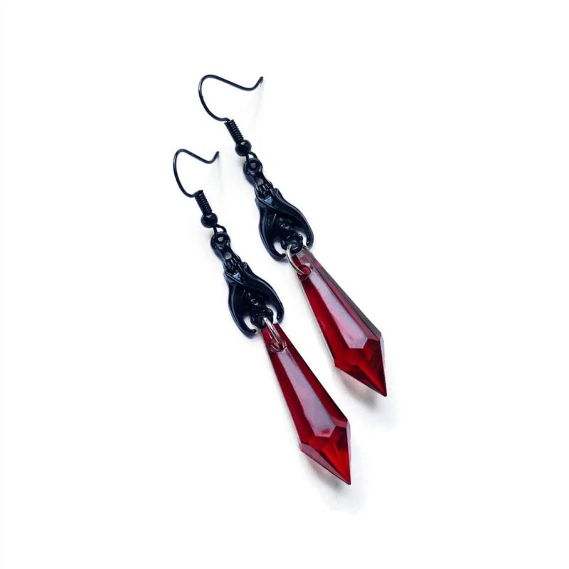 Vintage Bat Earrings Red Crystal Teardrop Gothic Jewelry