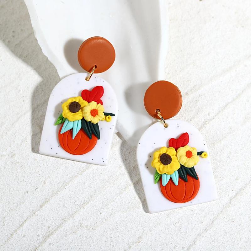 Orange Floral Polymer Clay Earrings Geometric Drop Halloween Jewelry