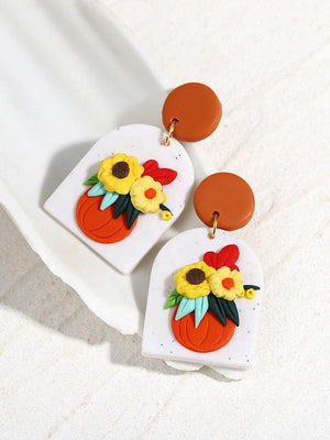 Orange Floral Polymer Clay Earrings Geometric Drop Halloween Jewelry