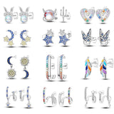 925 Silver Colorful Feather Earrings Mini Elf Butterfly Star Moon Ear Studs