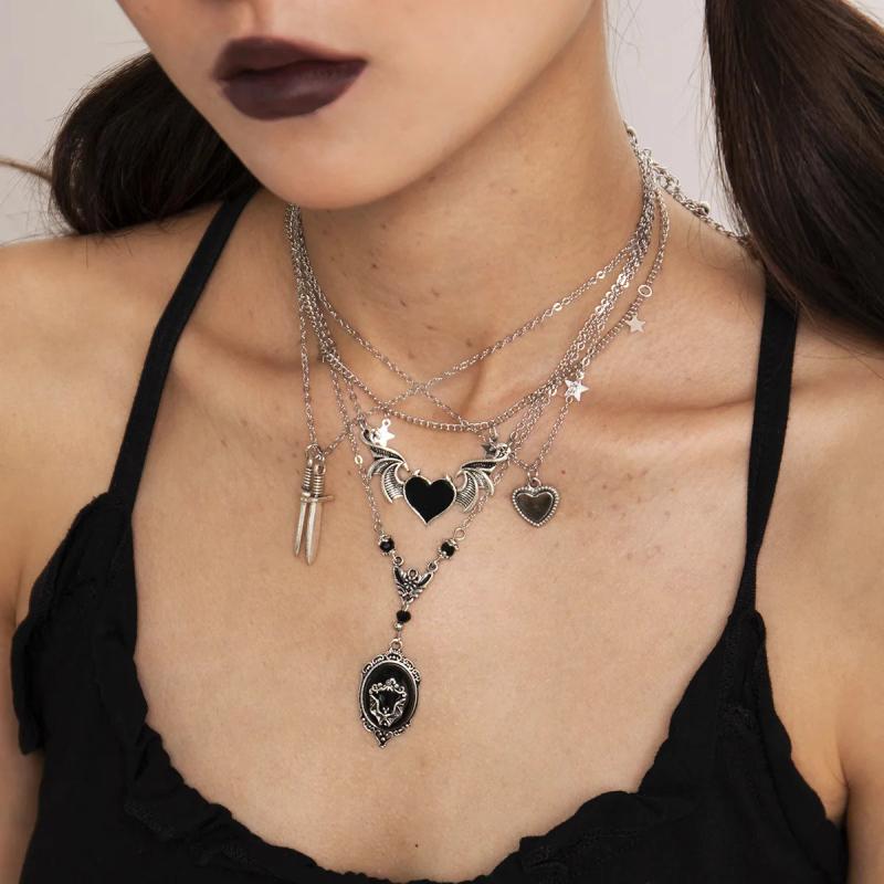Halloween Punk Necklace Heart Layered Chain Pendant Jewelry