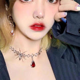 Spider Pendant Long Necklace Vintage Gothic Spider Blood Drop Clavicle Chain