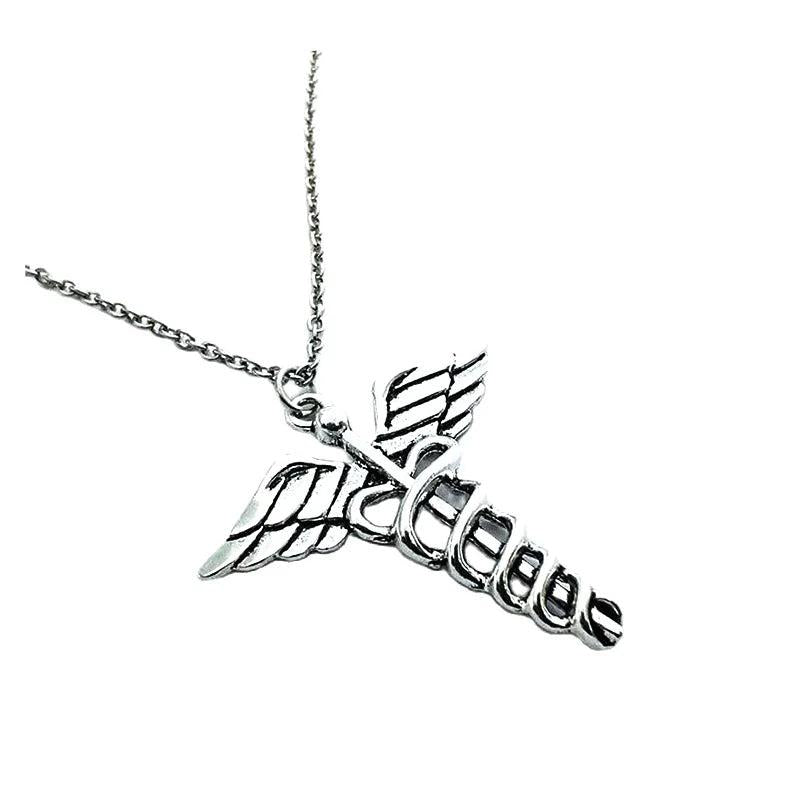 Vintage Caduceus Necklace Angel Wings Pendant for Halloween