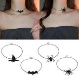 Punk Bat Charm Necklace Halloween Spiders Pendant Witch Hat Choker