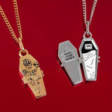 Vintage Metal Copper Coffin Necklace Halloween Gothic Pendant Sweater Chain