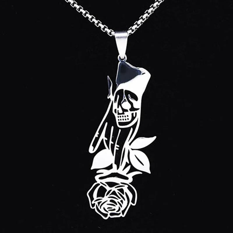 Gothic Skeleton Skull Rose Flower Punk Necklace