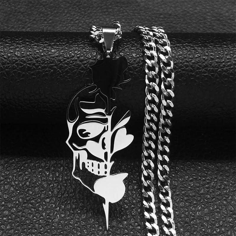Goth Rose Skull Skeleton Heart Necklace Women Stainless Steel