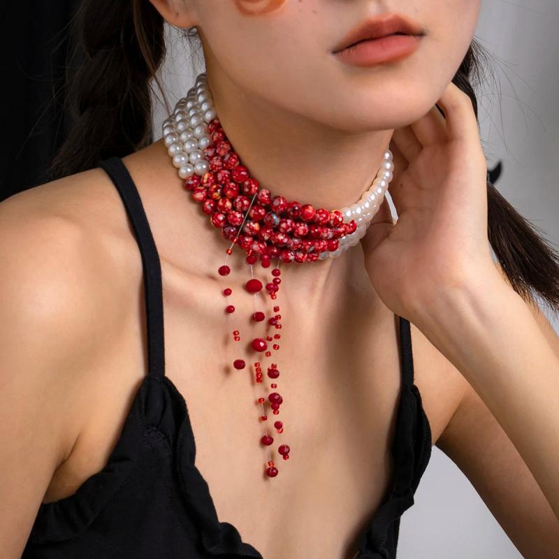 Halloween Blood Pattern Pearl Necklace Multi-layer Gothic Party Jewelry