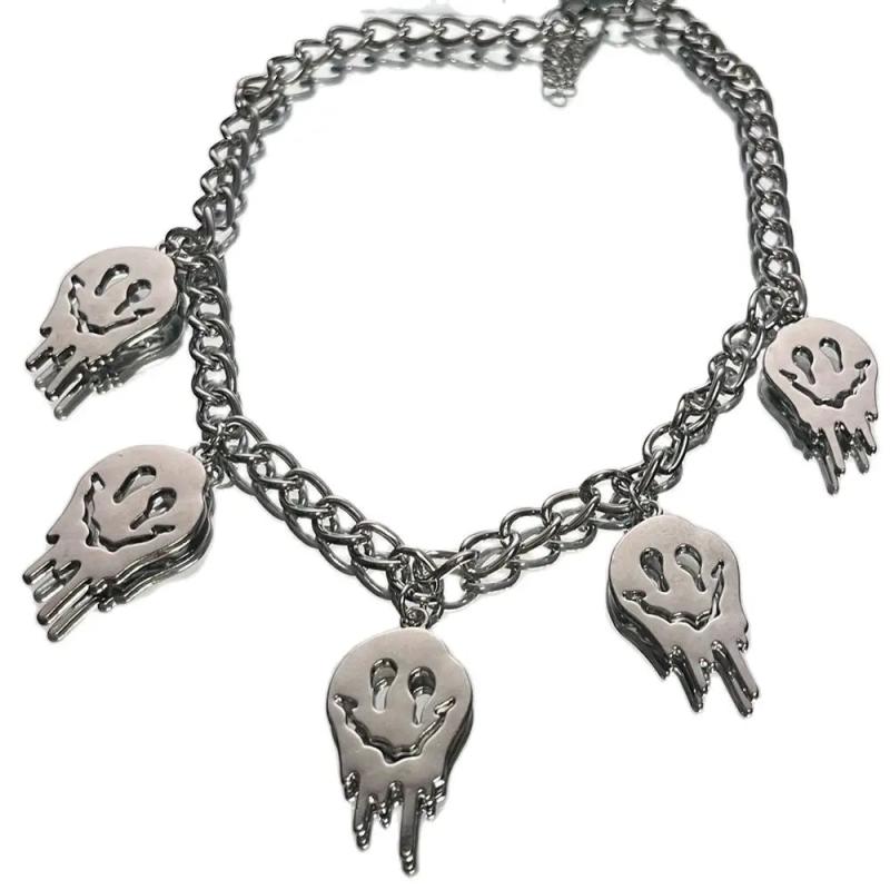 Gothic Smiley Face Pendant Necklace Silver Punk Halloween Jewelry