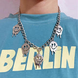 Gothic Smiley Face Pendant Necklace Silver Punk Halloween Jewelry
