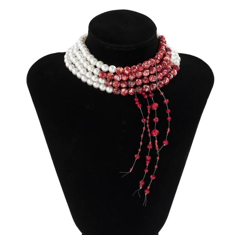 Gothic Pearl Beaded Choker Necklace Multi-layer Halloween Jewelry