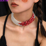 Gothic Pearl Beaded Choker Necklace Multi-layer Halloween Jewelry