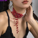 Gothic Pearl Beaded Choker Necklace Multi-layer Halloween Jewelry