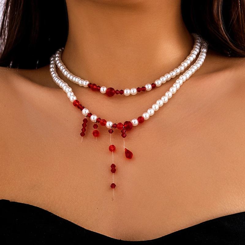 Halloween Red Crystal Beads Double Layer Short Necklace Gothic Pearl Choker