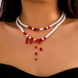 Halloween Red Crystal Beads Double Layer Short Necklace Gothic Pearl Choker