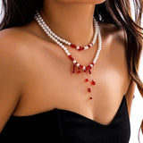 Halloween Red Crystal Beads Double Layer Short Necklace Gothic Pearl Choker