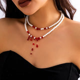 Halloween Red Crystal Beads Double Layer Short Necklace Gothic Pearl Choker