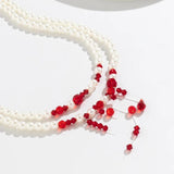 Halloween Red Crystal Beads Double Layer Short Necklace Gothic Pearl Choker