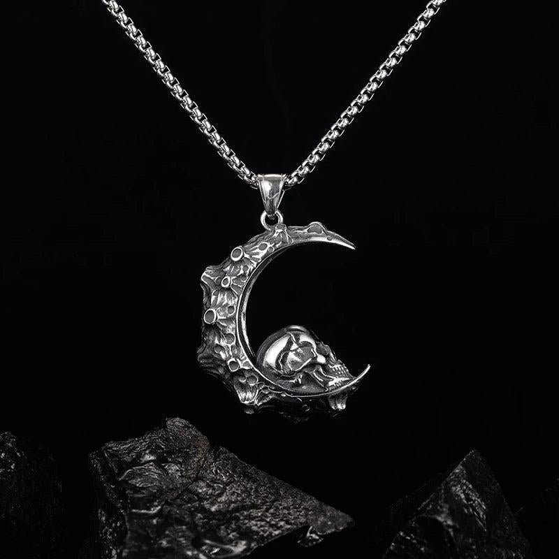 Gothic Moon Skull Men's Necklace Punk Stainless Steel Skeleton Hiphop Jewelry