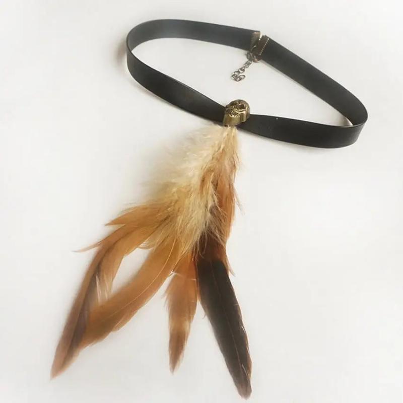 Long Feather Skull Witch Necklace Leather Collar Women Jewelry