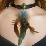 Long Feather Skull Witch Necklace Leather Collar Women Jewelry