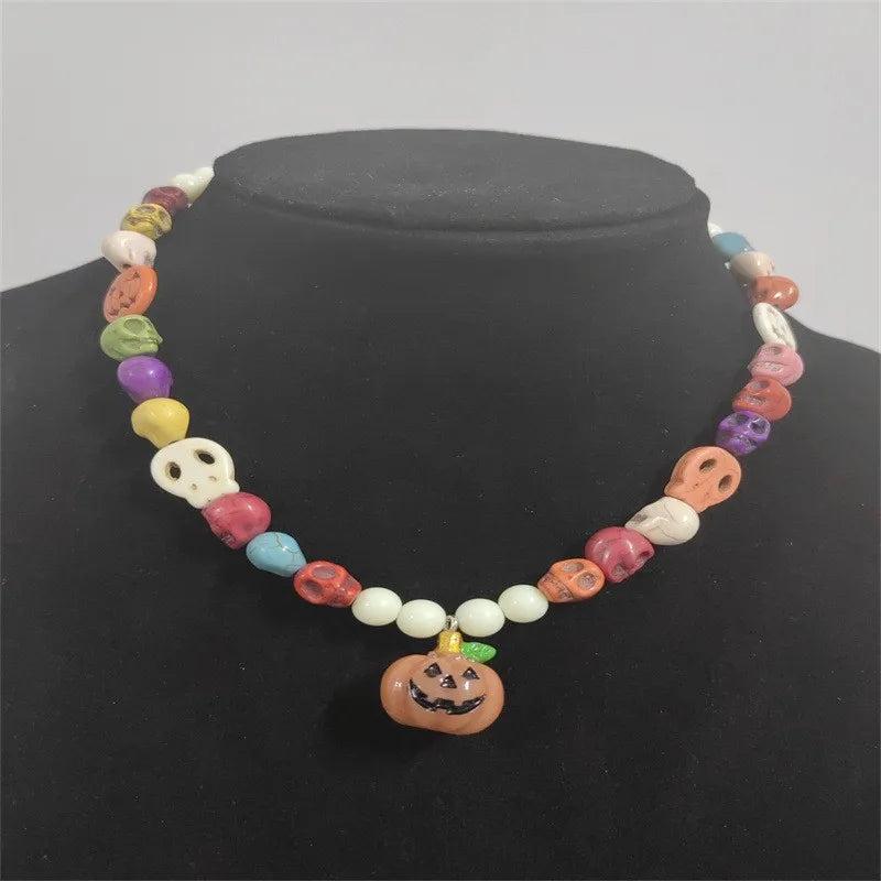 Colorful Skull Beaded Necklace Acrylic Pumpkin Pendant Jewelry