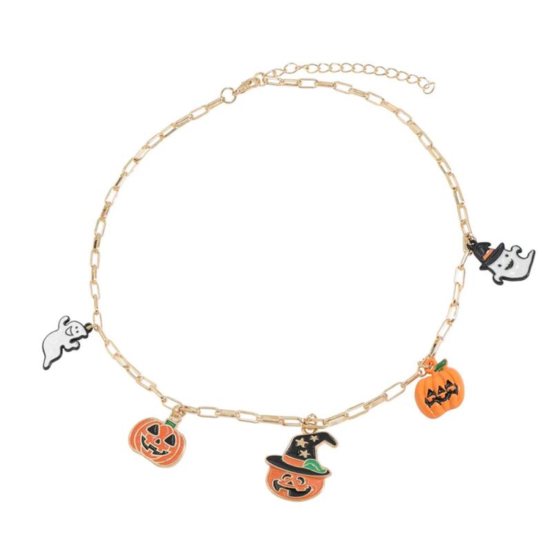 Halloween Pumpkin Pendant Necklace Spooky Witch Cat Chain