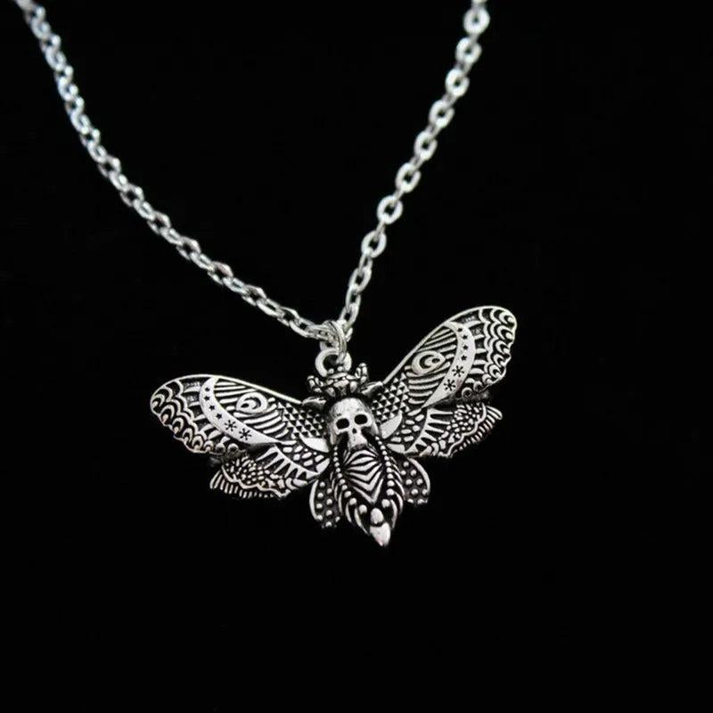 Goth Silver Moth Skull Pendant Necklace