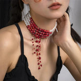 Halloween Blood Tiered Necklace Faux Pearl Choker Goth Rock Egirl
