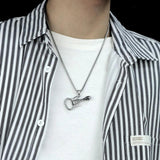 Skull Guitar Men Pendant Necklace Stainless Steel Skeleton Punk Jewelry