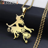 Cat Witch Magic Broom Necklaces Women Stainless Steel Pendant Necklaces