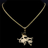 Cat Witch Magic Broom Necklaces Women Stainless Steel Pendant Necklaces
